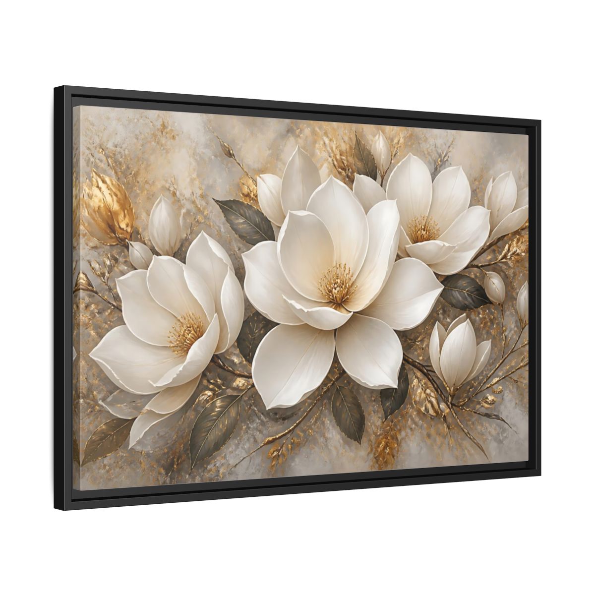 Side Mockup 14. Golden Magnolia Bloom shown as framed canvas print