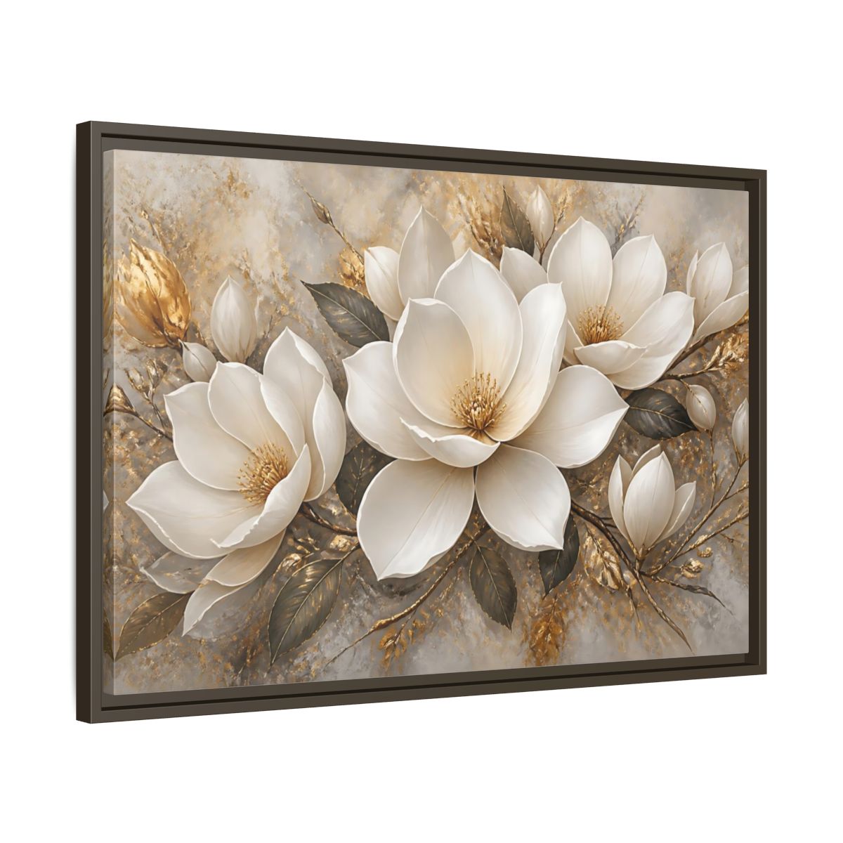 Side Mockup 11. Golden Magnolia Bloom shown as framed canvas print