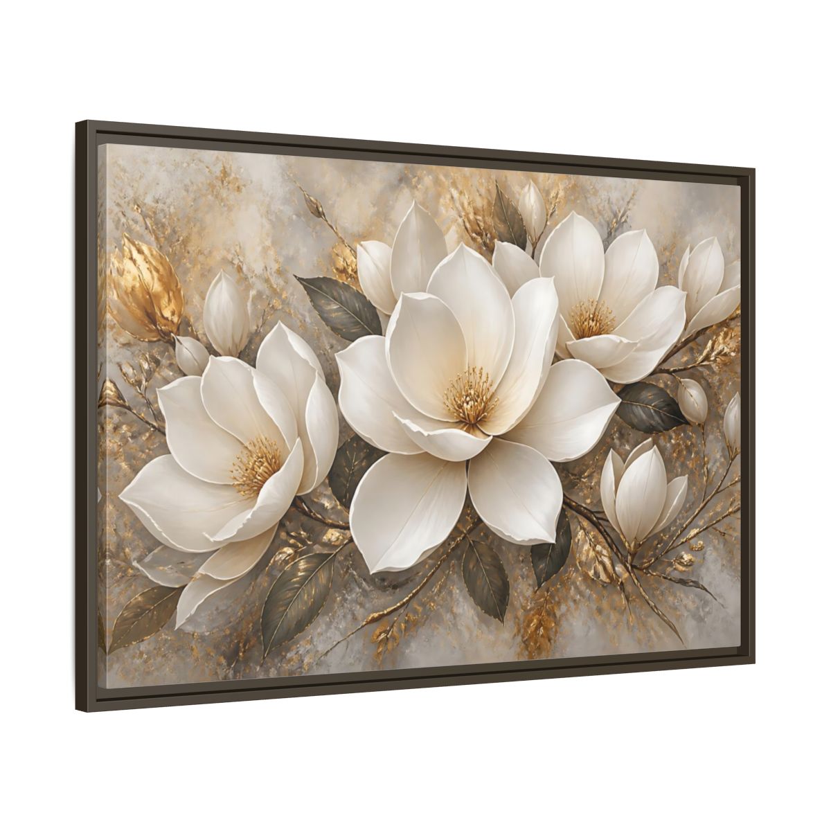 Main Mockup. Golden Magnolia Bloom shown as framed canvas print
