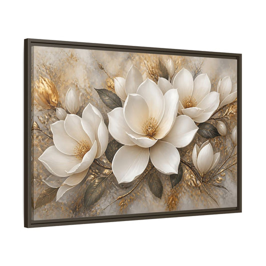 Main Mockup. Golden Magnolia Bloom shown as framed canvas print