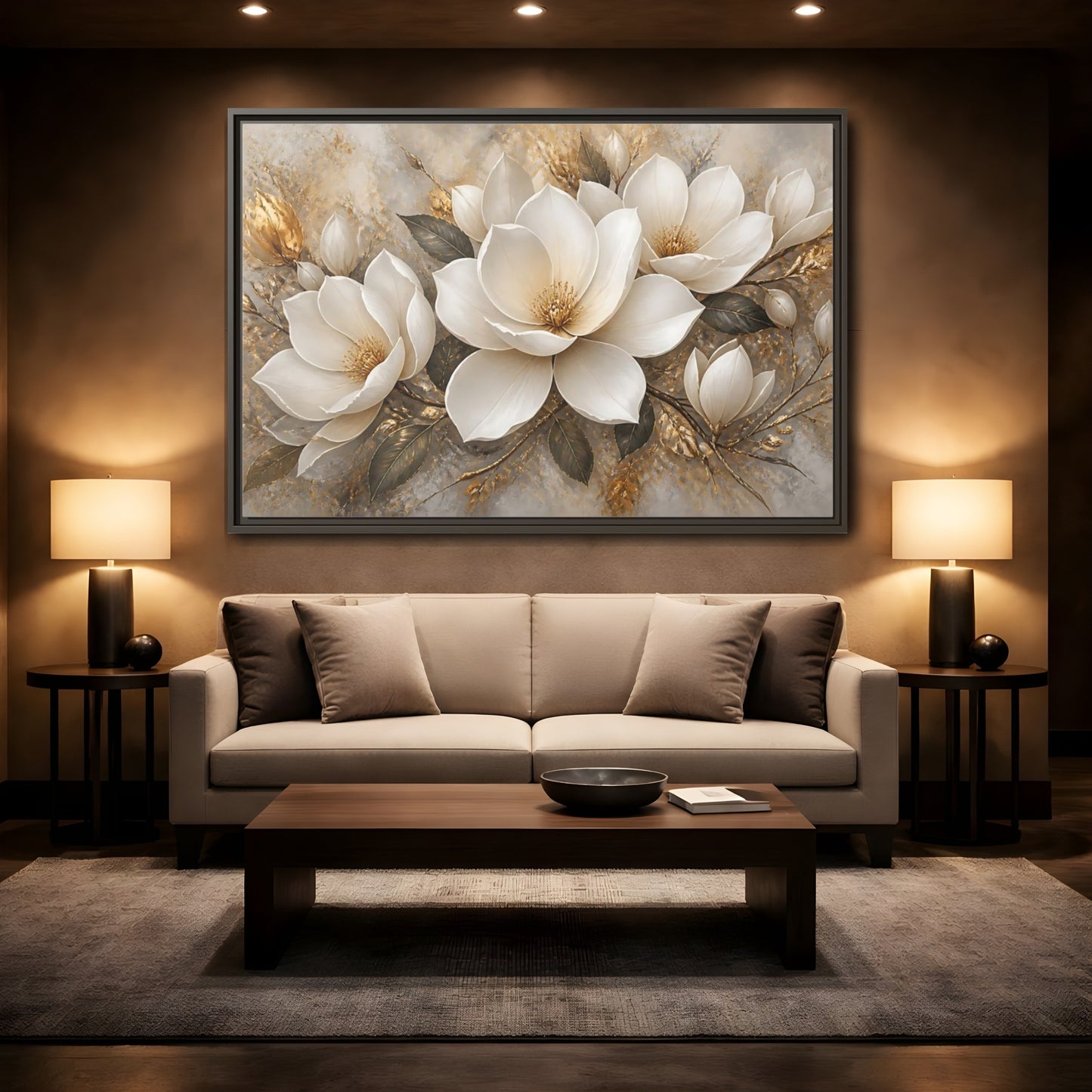 Mockup 2. Golden Magnolia Bloom shown as framed canvas print