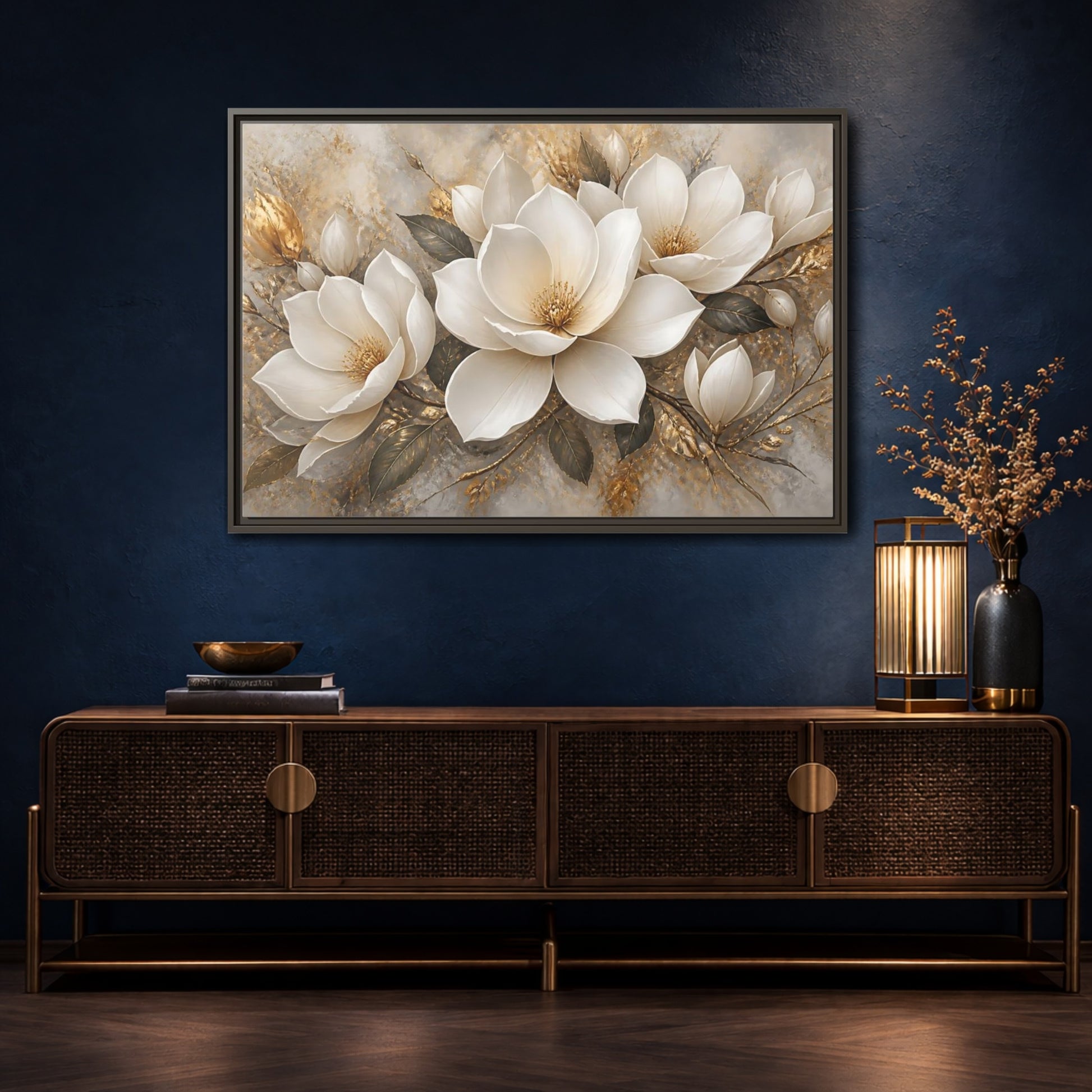 Mockup 4. Golden Magnolia Bloom shown as framed canvas print