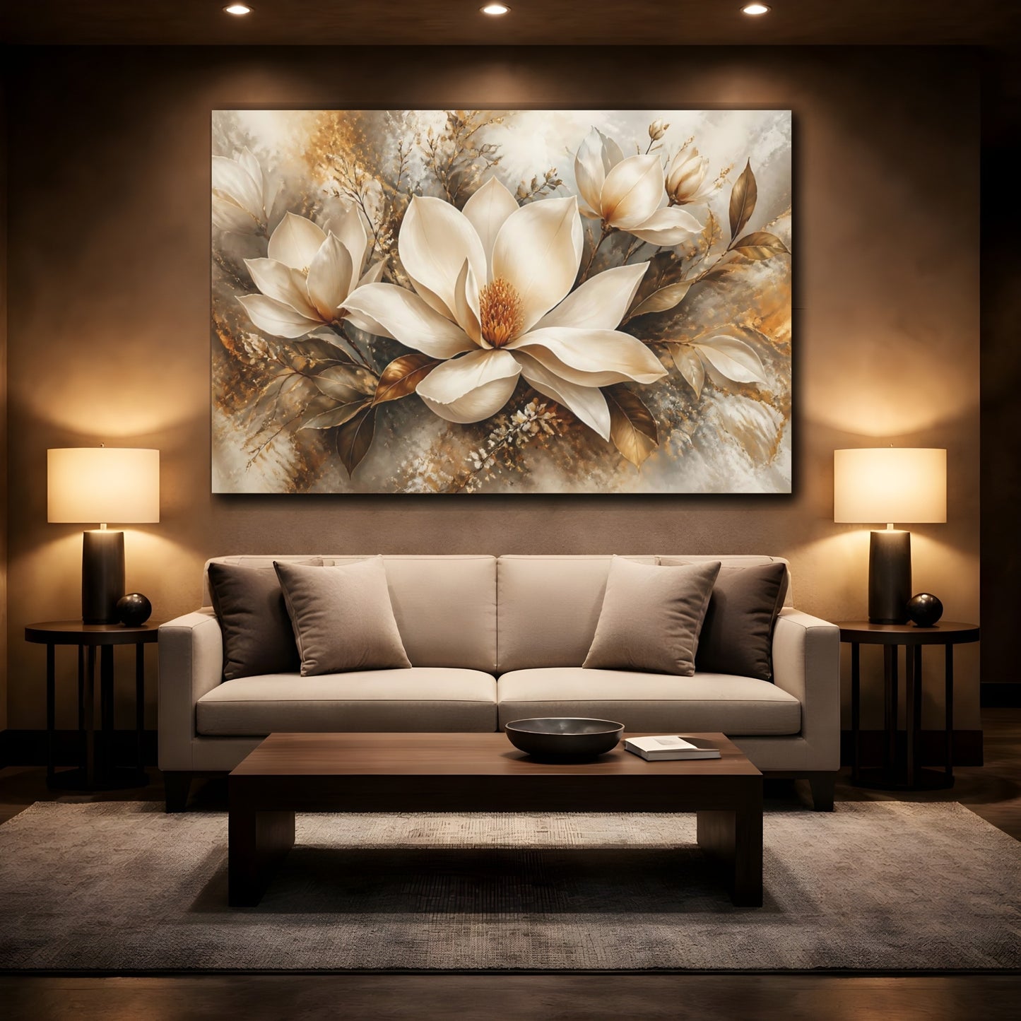 Mockup 2. Golden Magnolia Elegance shown as canvas print