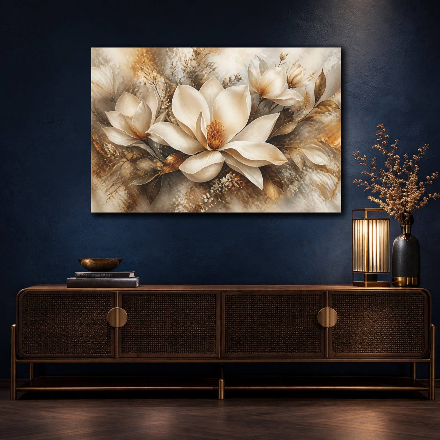 Mockup 4. Golden Magnolia Elegance shown as canvas print