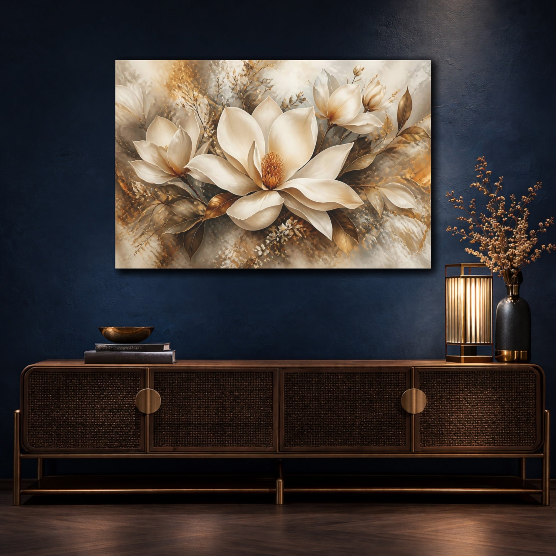 Mockup 4. Golden Magnolia Elegance shown as canvas print