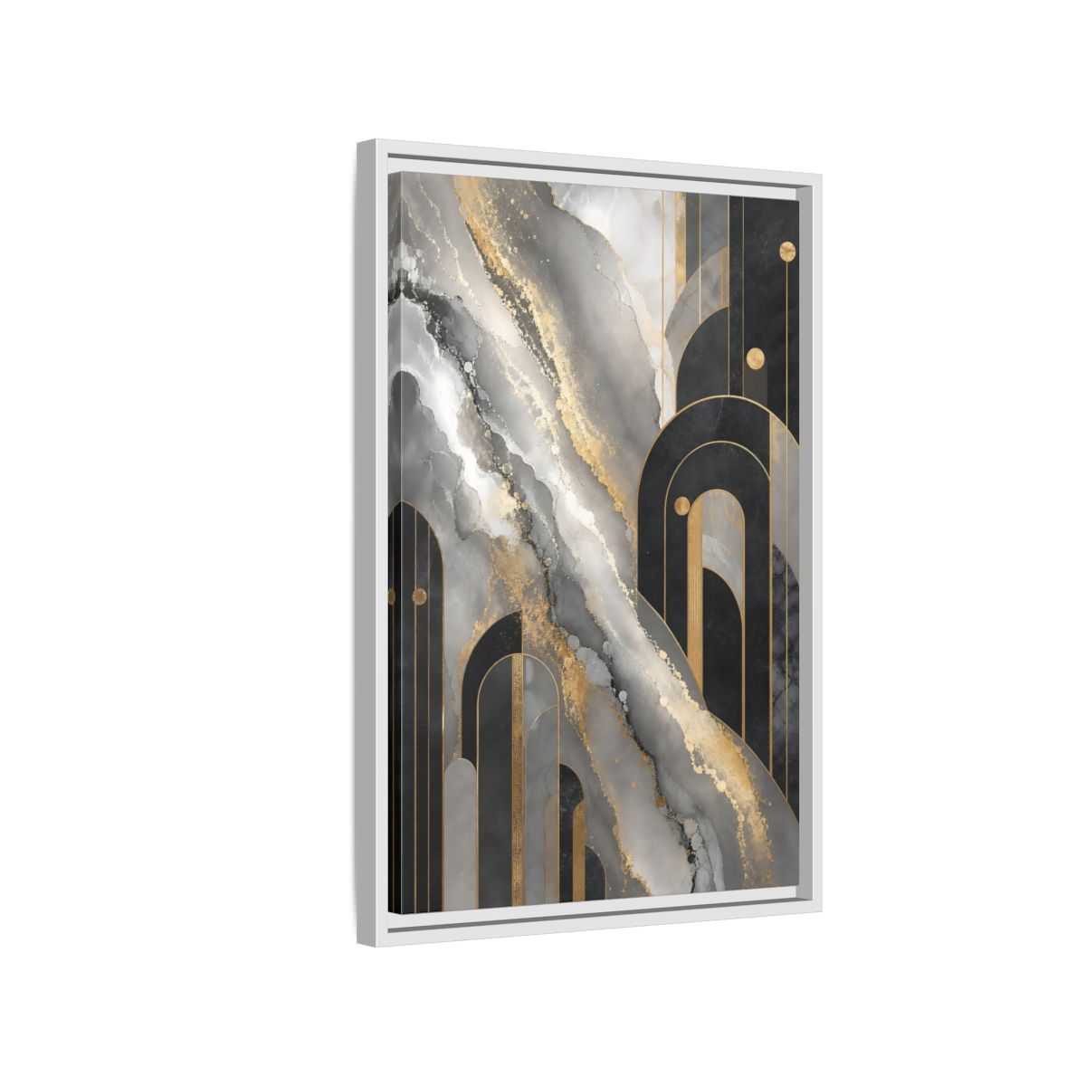 Side Mockup 1. Golden Marble Arches shown as framed canvas print