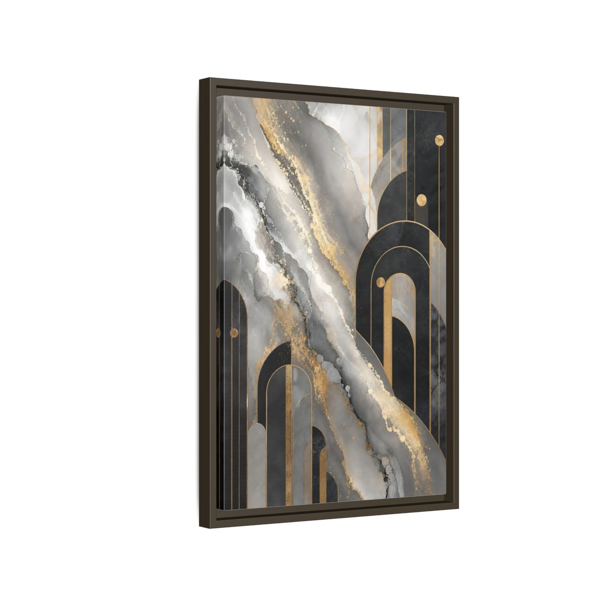 Side Mockup 2. Golden Marble Arches shown as framed canvas print