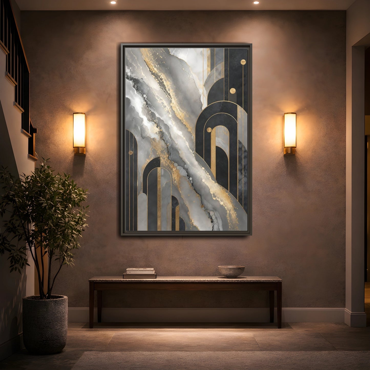 Mockup 2. Golden Marble Arches shown as framed canvas print