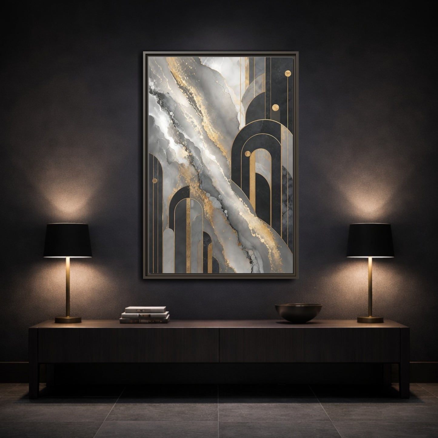 Mockup 3. Golden Marble Arches shown as framed canvas print