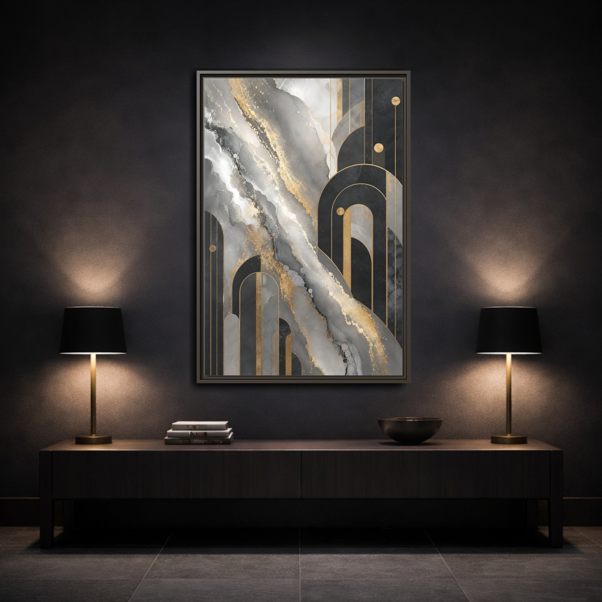 Mockup 3. Golden Marble Arches shown as framed canvas print