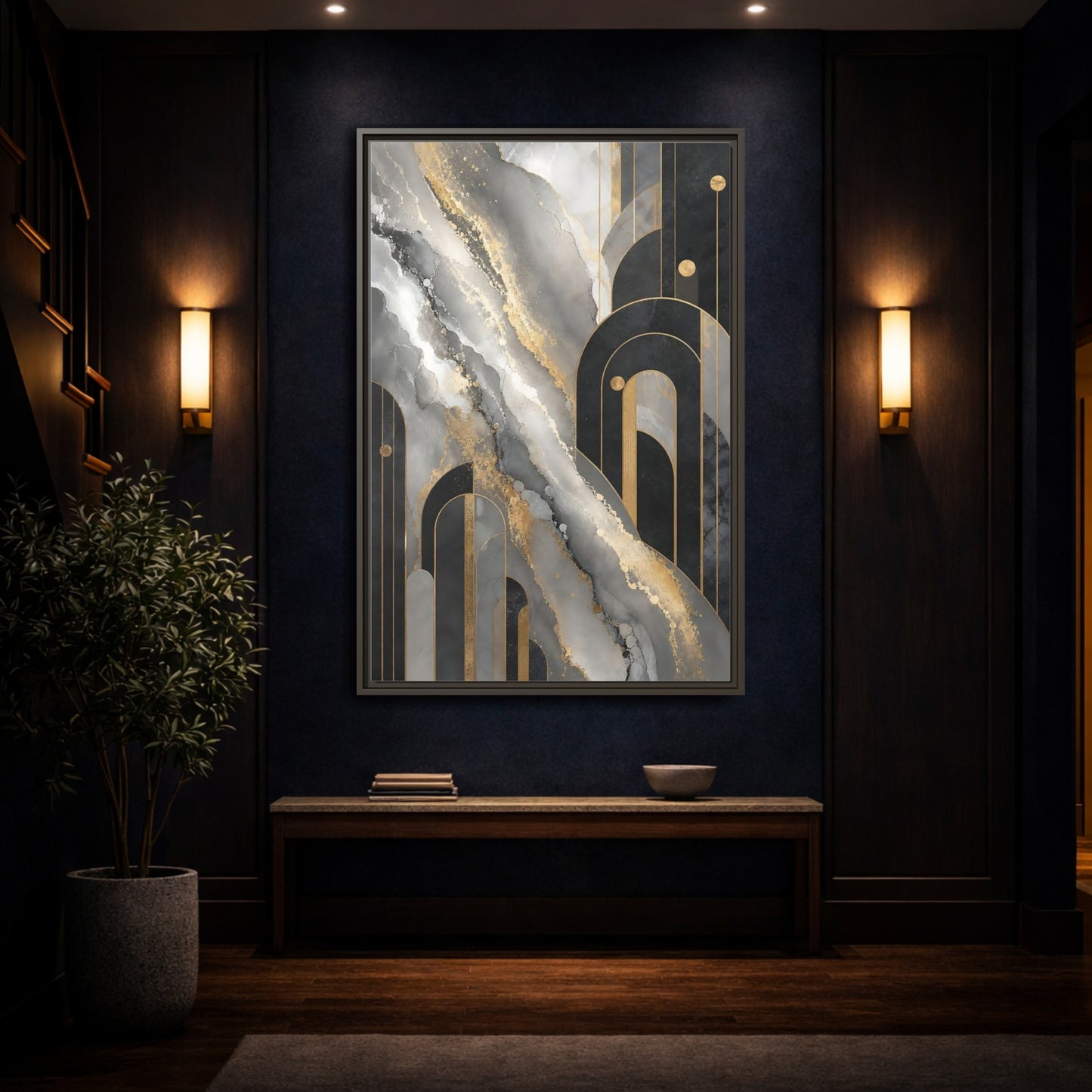 Mockup 4. Golden Marble Arches shown as framed canvas print