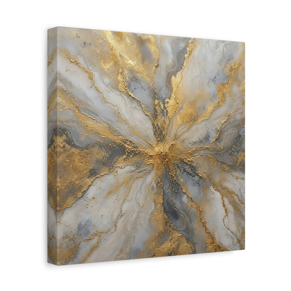 Side Mockup 8. Golden Marble Burst shown as canvas print