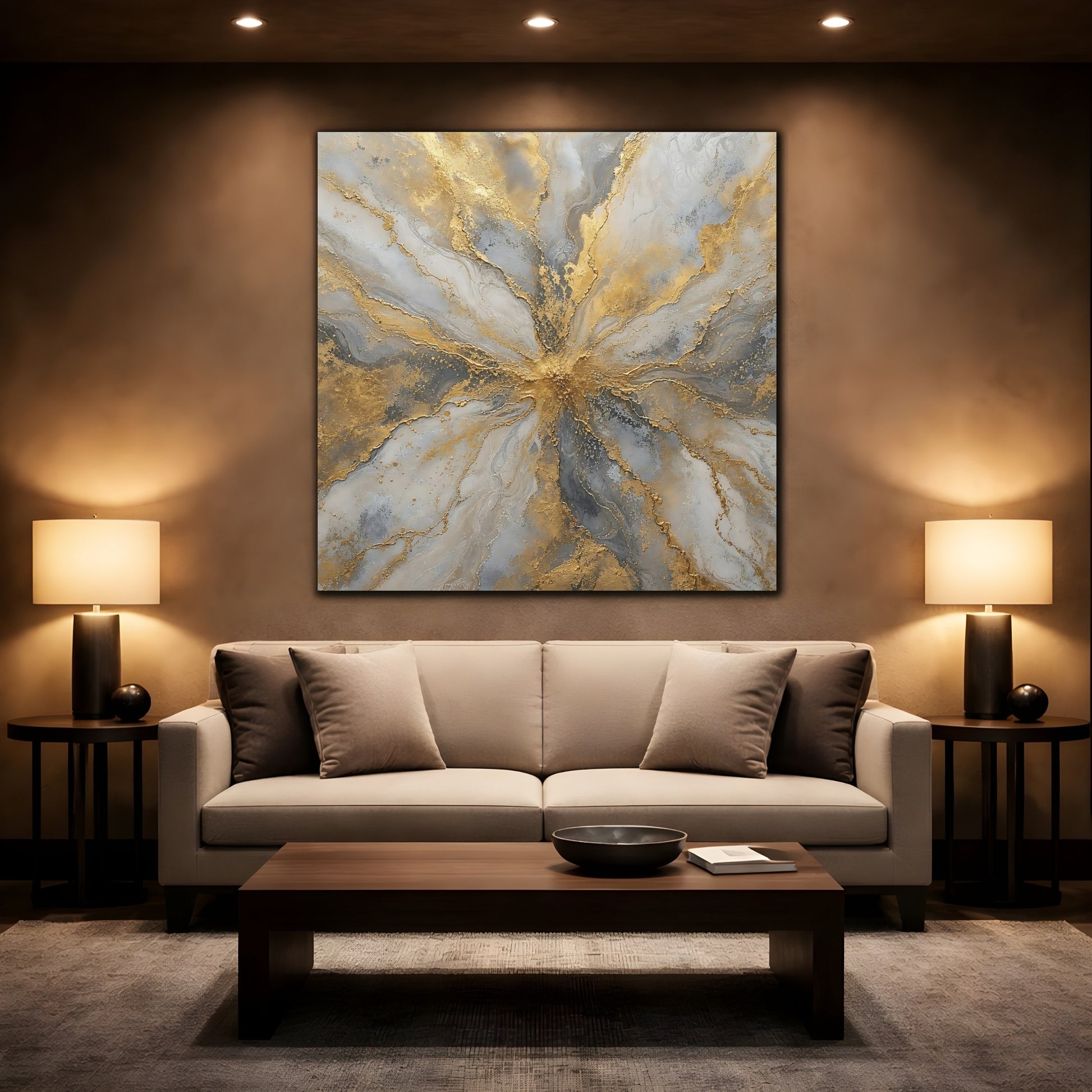 Mockup 2. Golden Marble Burst shown as canvas print