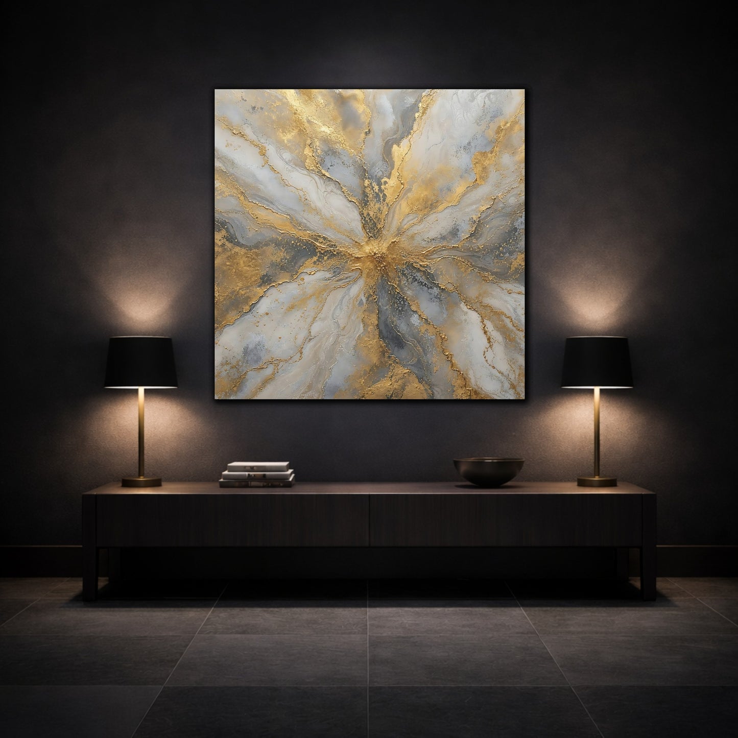 Mockup 3. Golden Marble Burst shown as canvas print