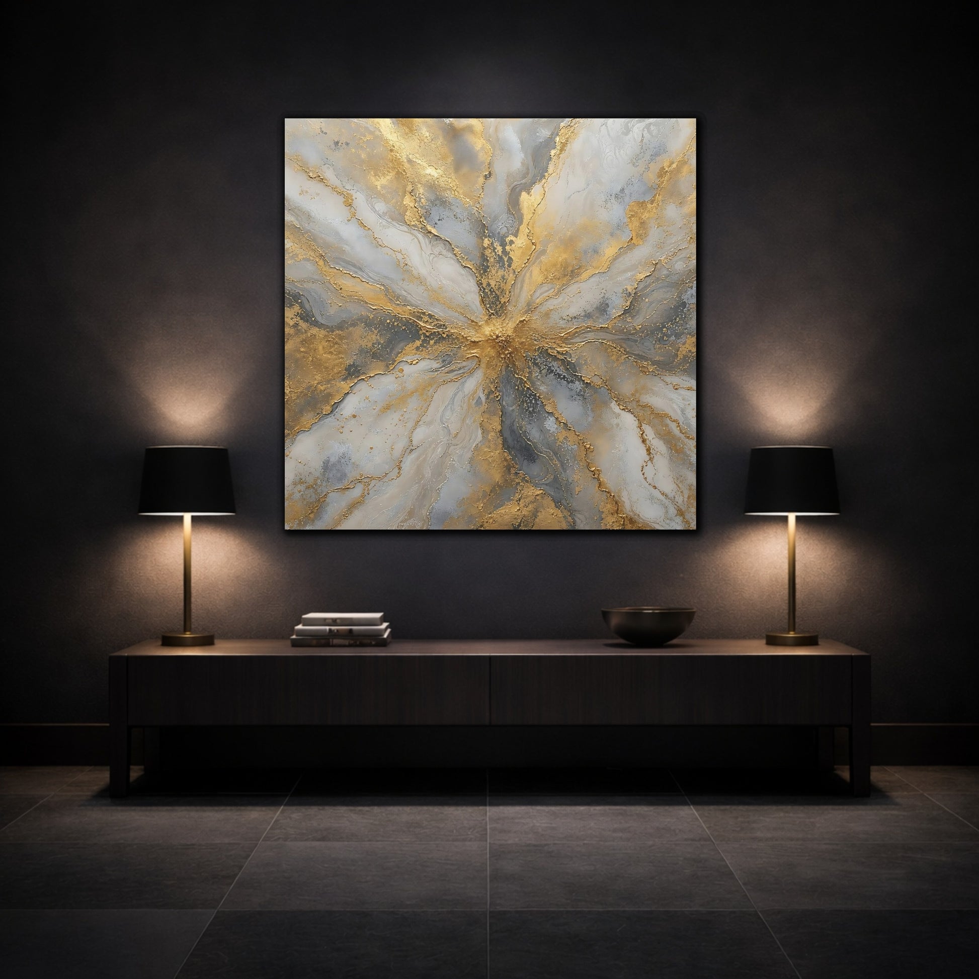 Mockup 3. Golden Marble Burst shown as canvas print
