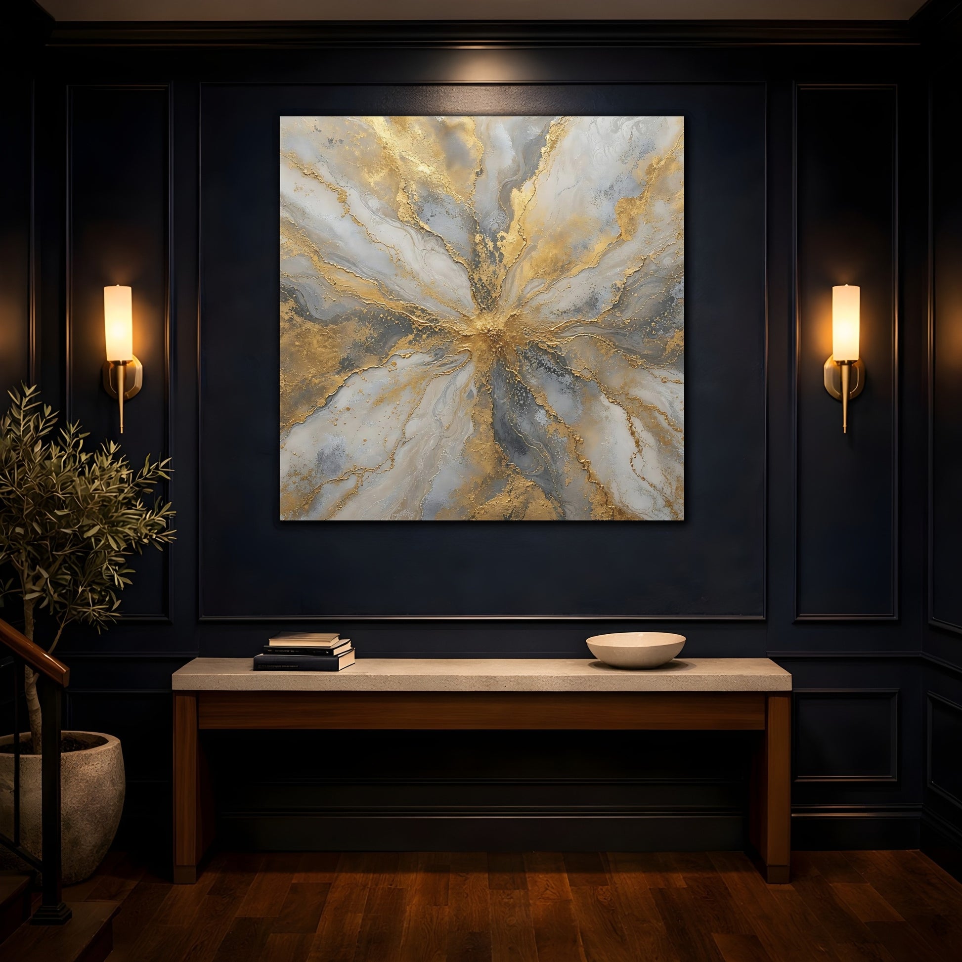 Mockup 4. Golden Marble Burst shown as canvas print