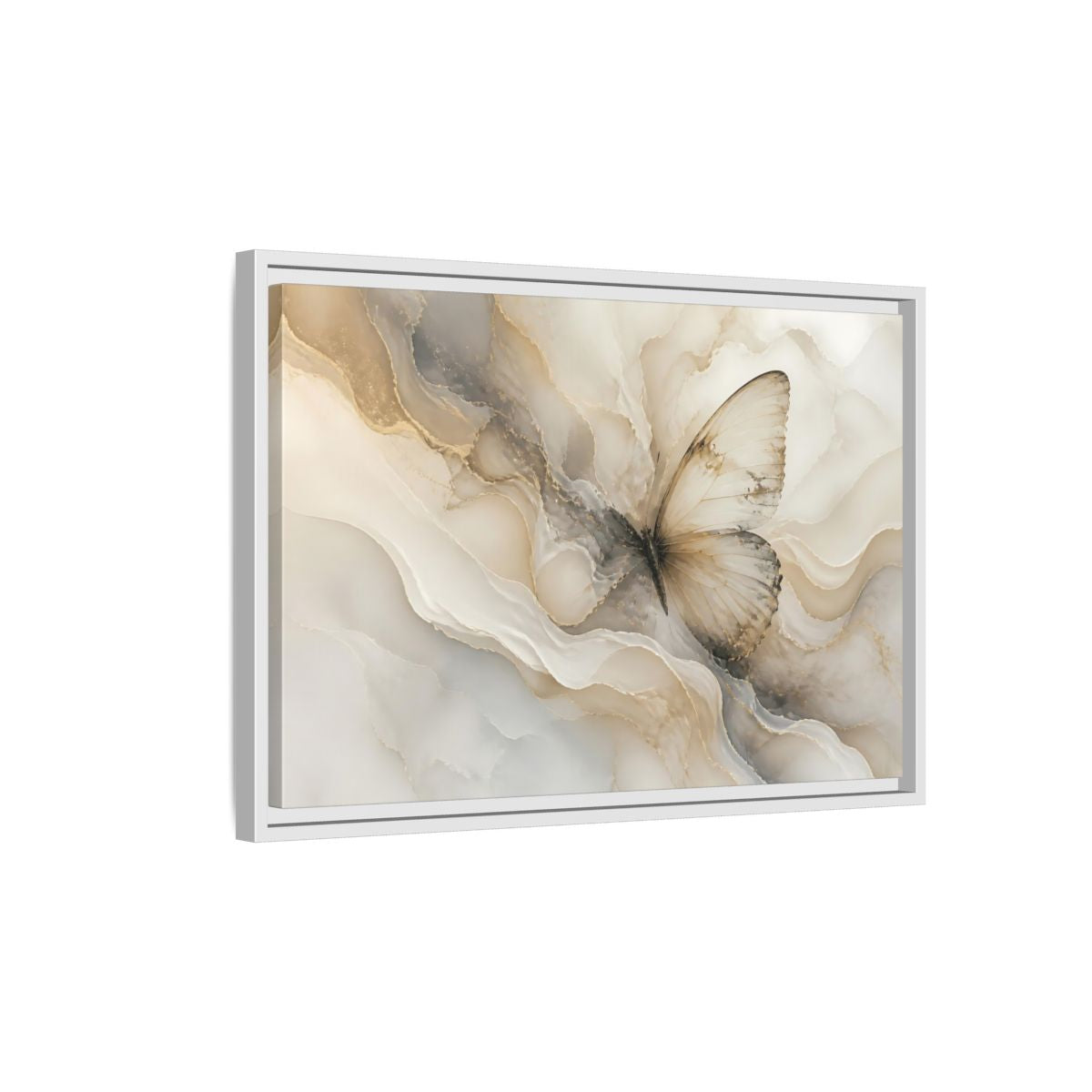 Side Mockup 1. Golden Marble Butterfly shown as framed canvas print