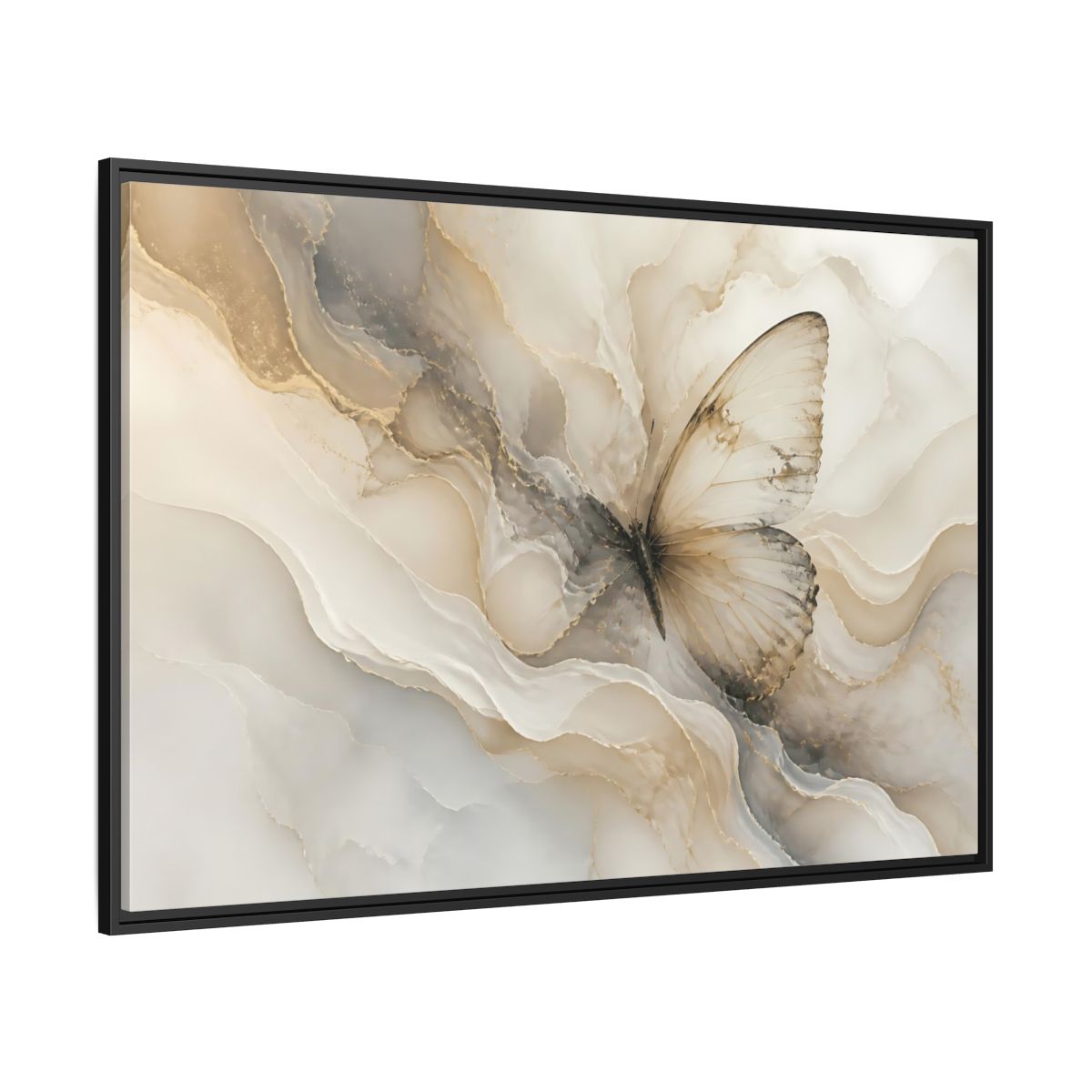 Side Mockup 12. Golden Marble Butterfly shown as framed canvas print