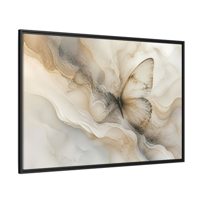 Side Mockup 12. Golden Marble Butterfly shown as framed canvas print