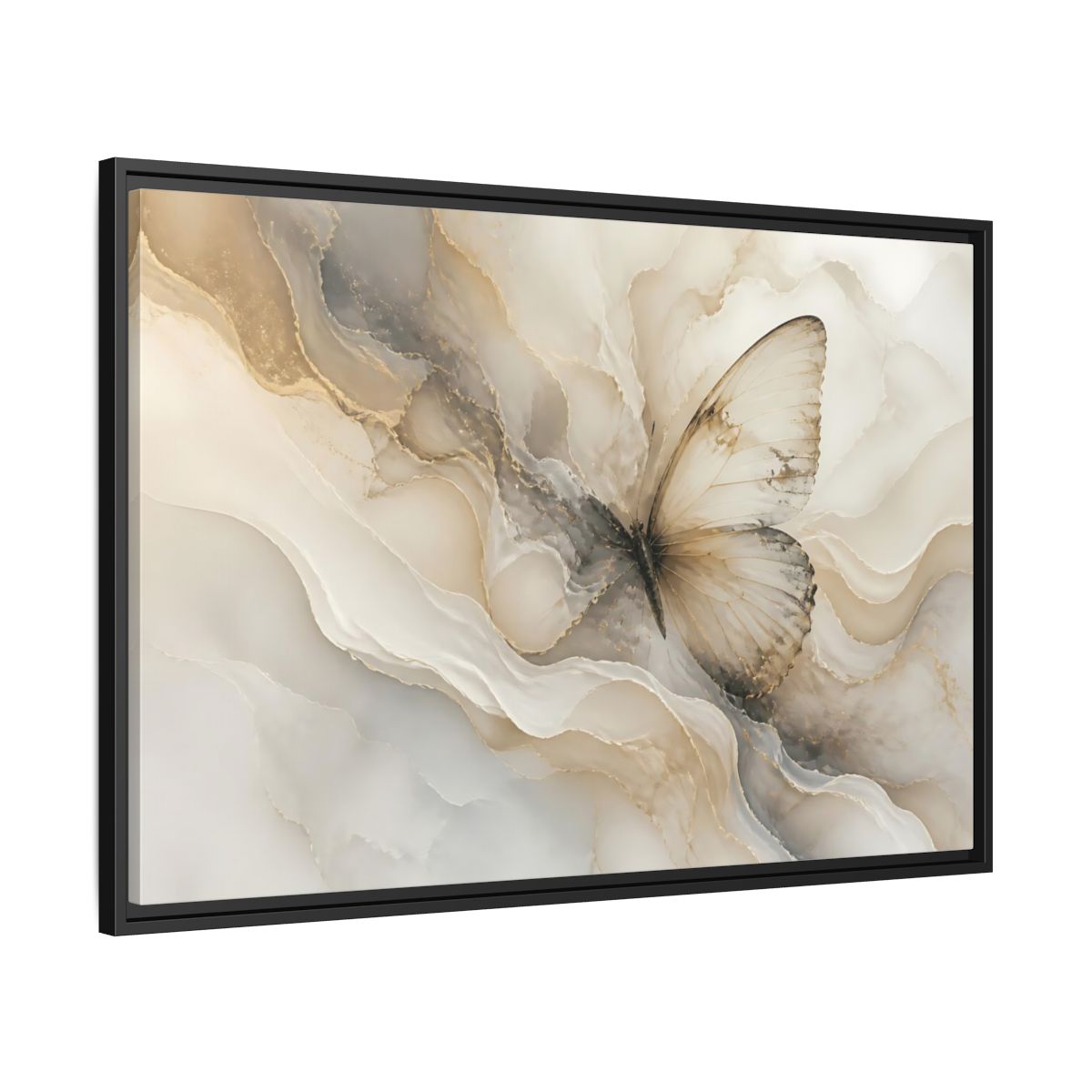 Side Mockup 13. Golden Marble Butterfly shown as framed canvas print
