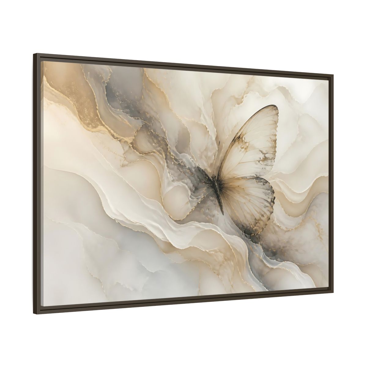 Side Mockup 8. Golden Marble Butterfly shown as framed canvas print