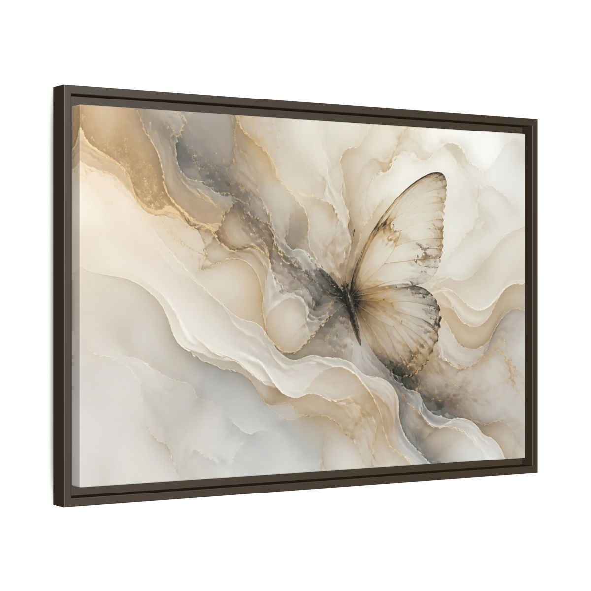 Side Mockup 11. Golden Marble Butterfly shown as framed canvas print
