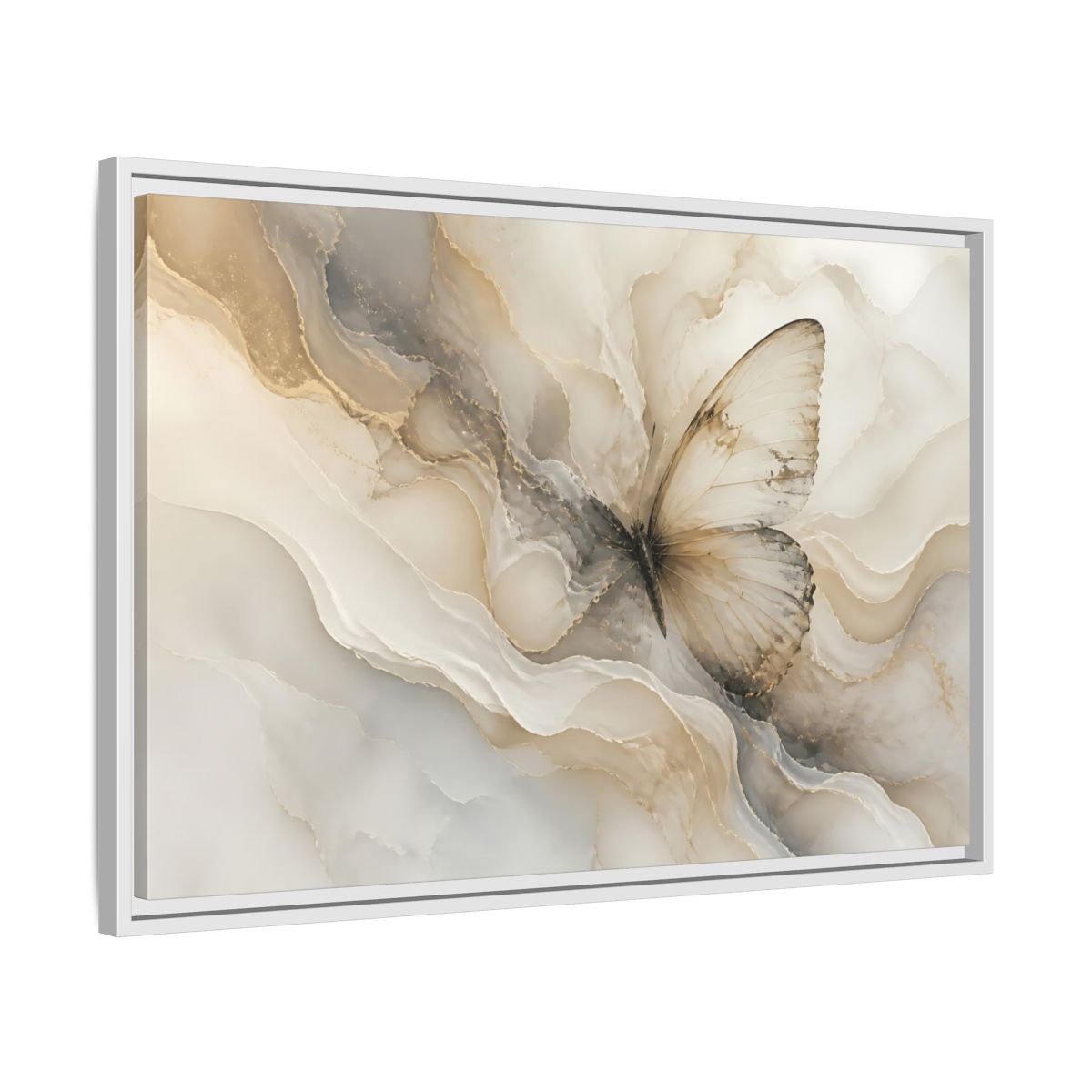 Side Mockup 10. Golden Marble Butterfly shown as framed canvas print