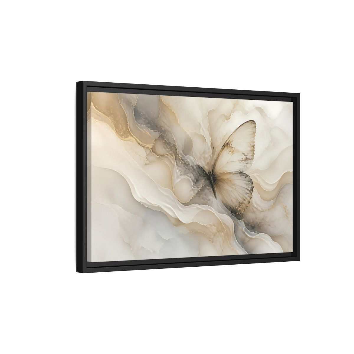Side Mockup 3. Golden Marble Butterfly shown as framed canvas print