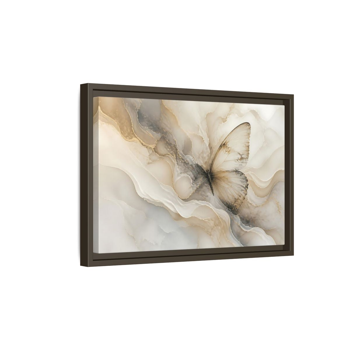 Side Mockup 5. Golden Marble Butterfly shown as framed canvas print