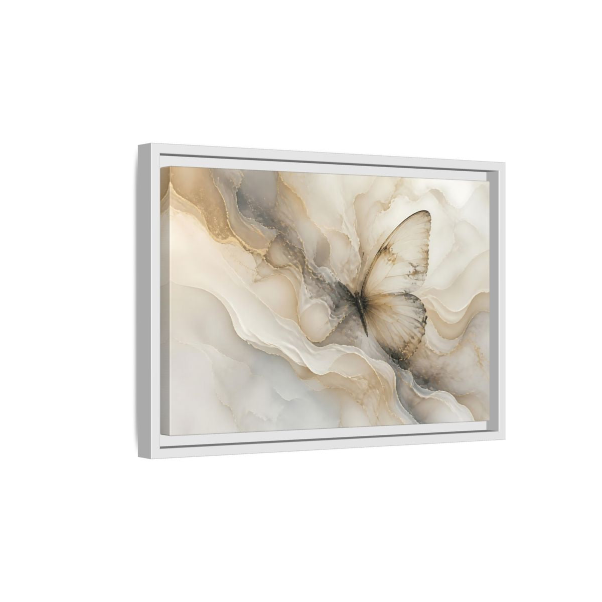 Side Mockup 4. Golden Marble Butterfly shown as framed canvas print