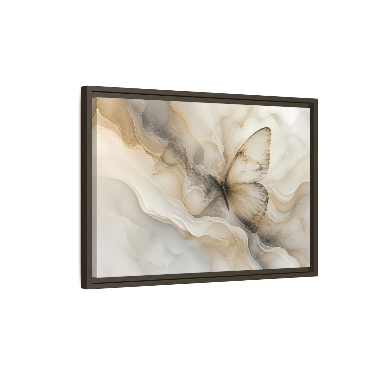 Side Mockup 2. Golden Marble Butterfly shown as framed canvas print