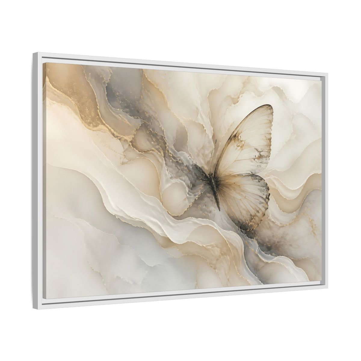 Side Mockup 9. Golden Marble Butterfly shown as framed canvas print