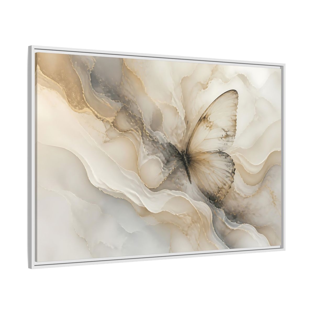 Side Mockup 7. Golden Marble Butterfly shown as framed canvas print