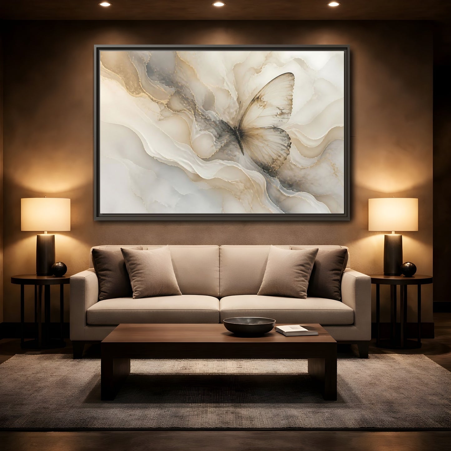 Mockup 2. Golden Marble Butterfly shown as framed canvas print