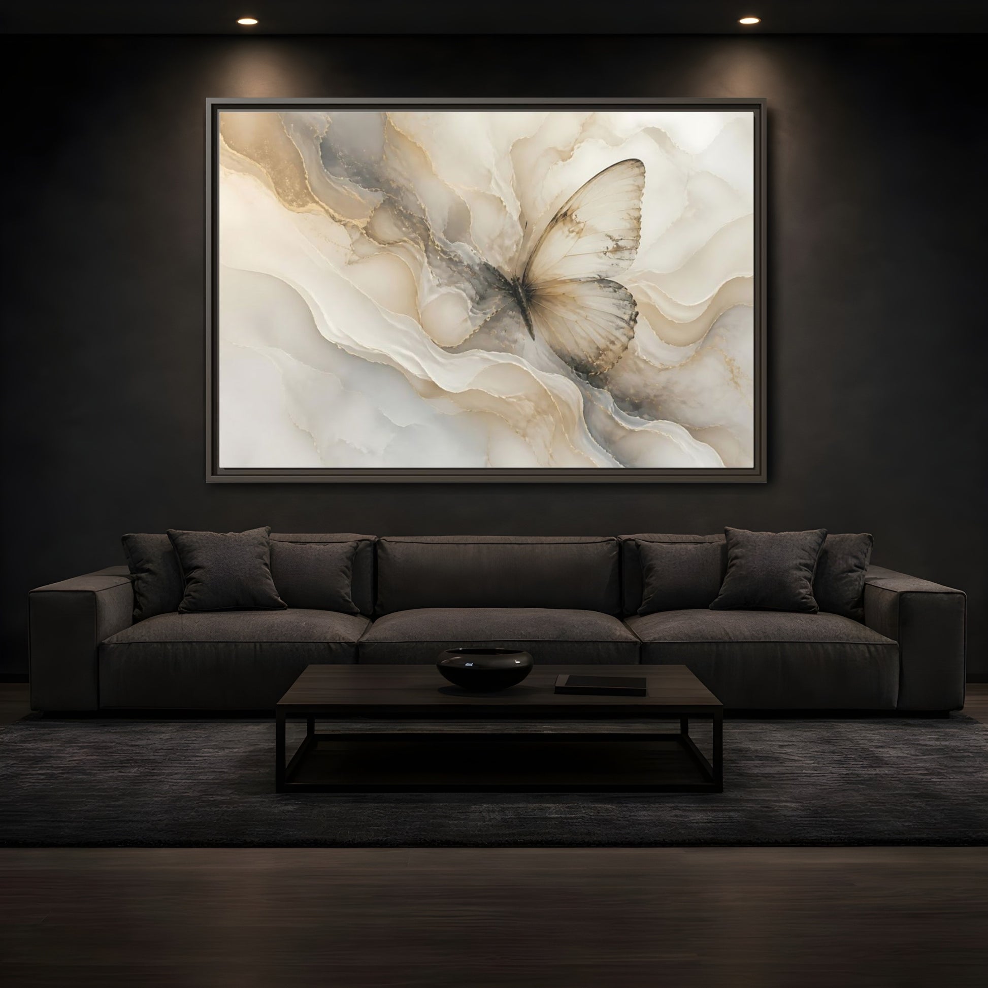 Mockup 3. Golden Marble Butterfly shown as framed canvas print