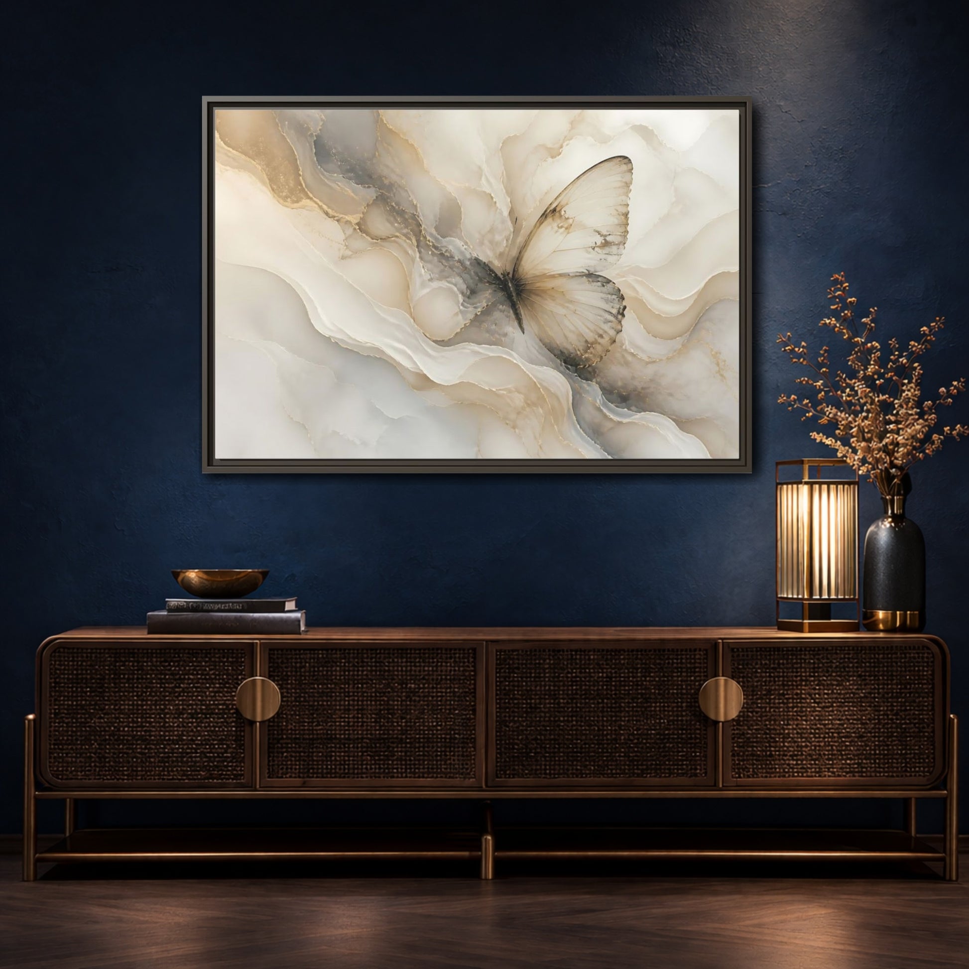 Mockup 4. Golden Marble Butterfly shown as framed canvas print