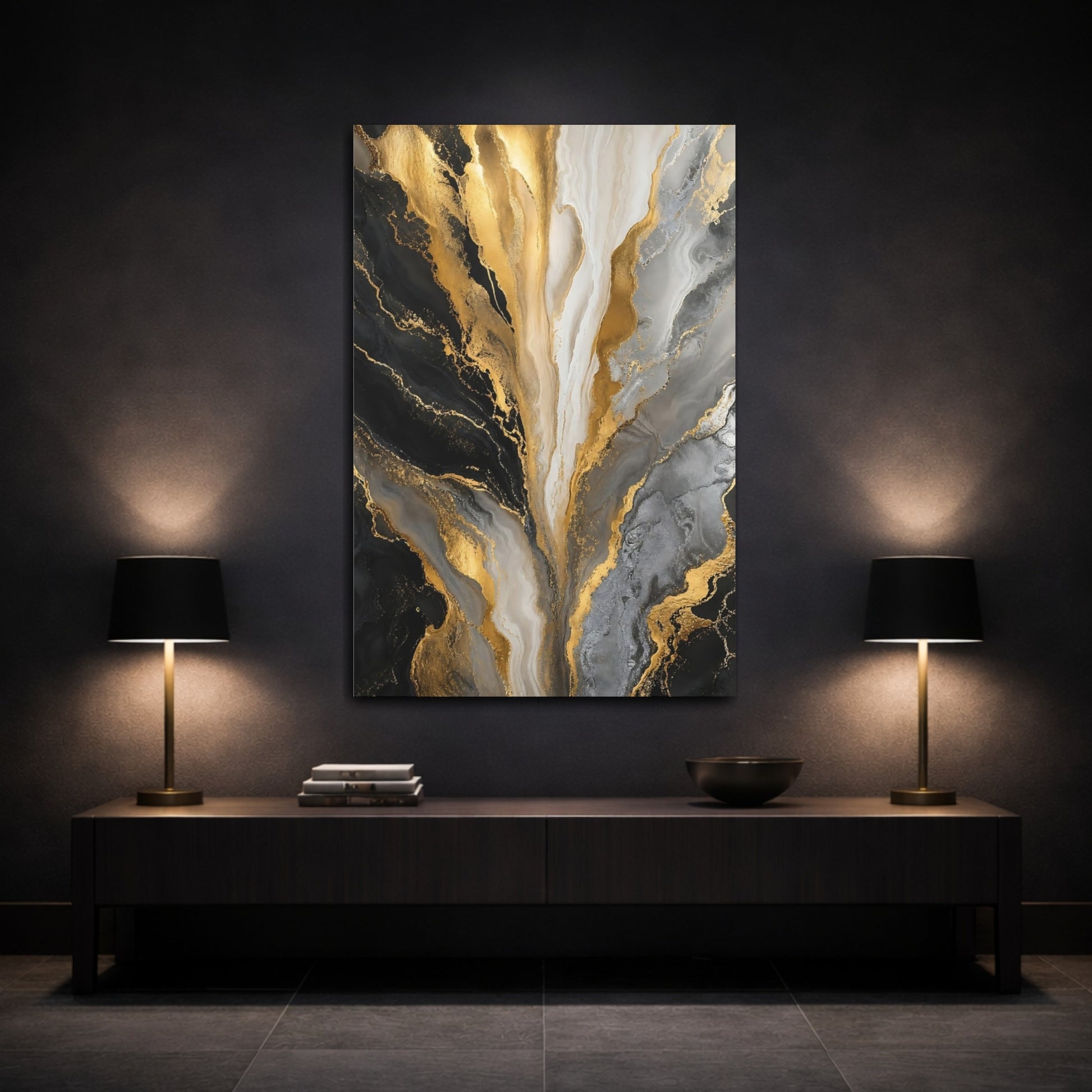 Mockup 3. Golden Marble Cascade shown as canvas print