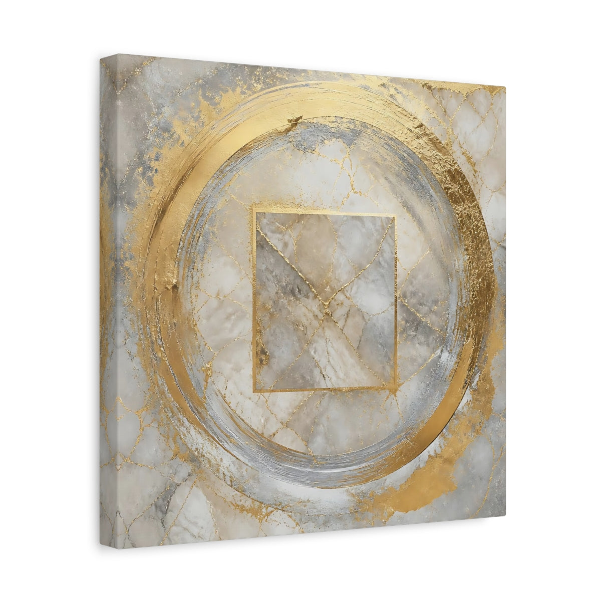 Side Mockup 7. Golden Marble Circle shown as canvas print