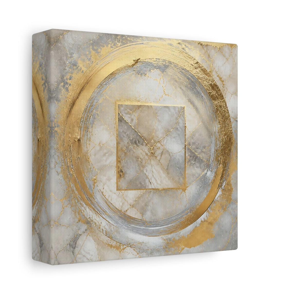 Side Mockup 2. Golden Marble Circle shown as canvas print
