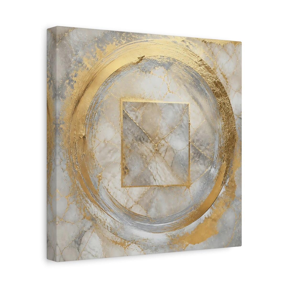 Side Mockup 8. Golden Marble Circle shown as canvas print