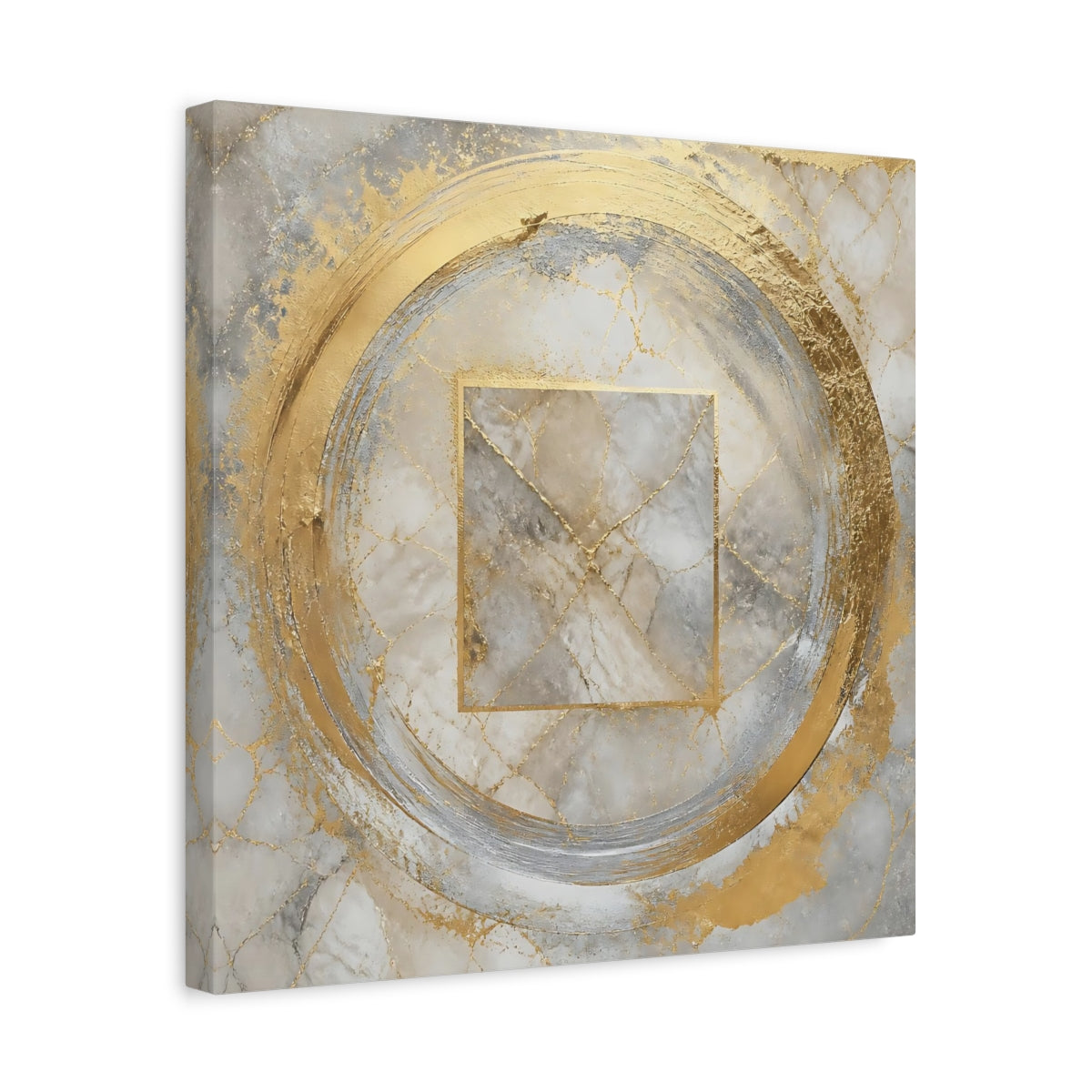 Side Mockup 6. Golden Marble Circle shown as canvas print