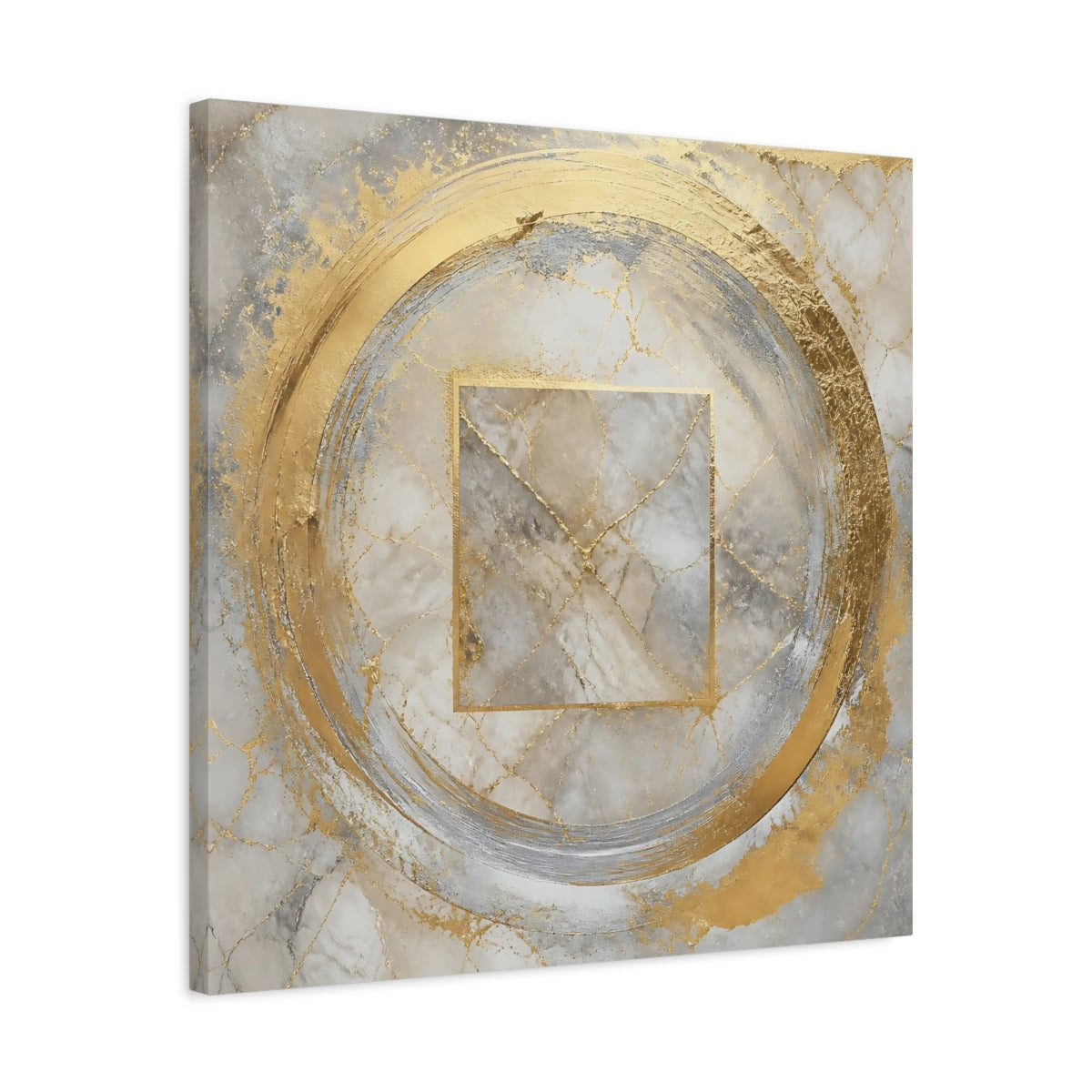 Side Mockup 4. Golden Marble Circle shown as canvas print