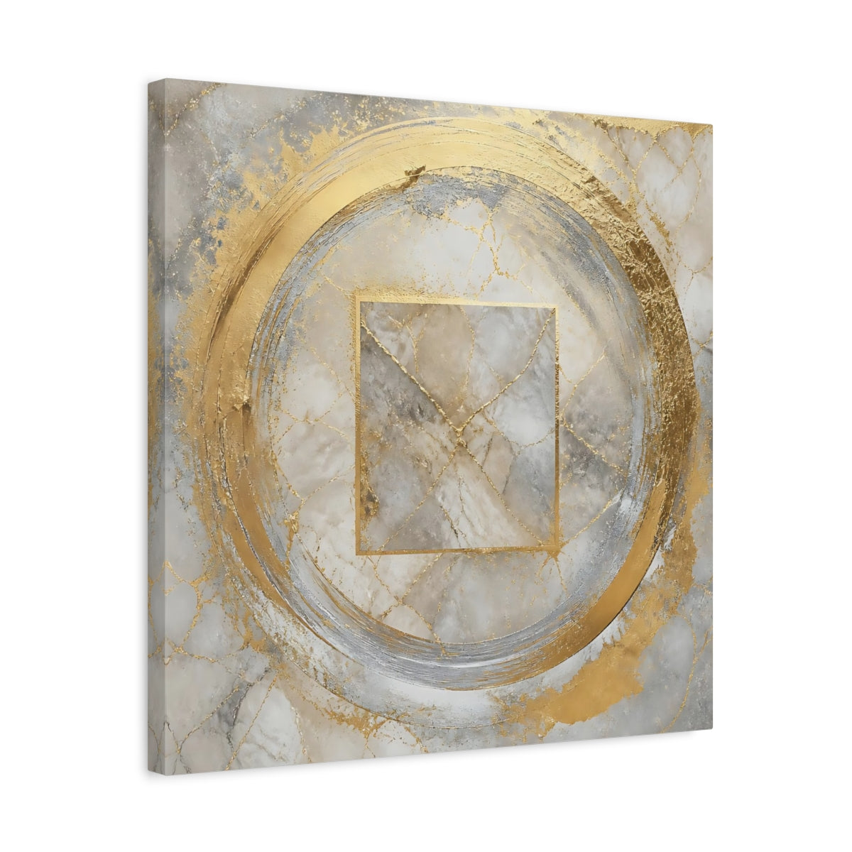 Side Mockup 5. Golden Marble Circle shown as canvas print