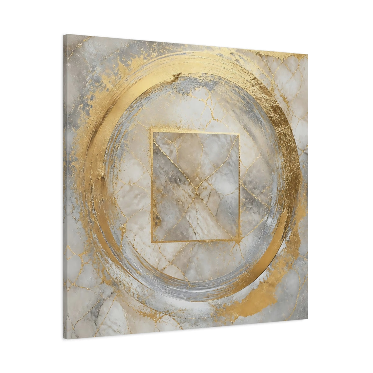 Side Mockup 1. Golden Marble Circle shown as canvas print