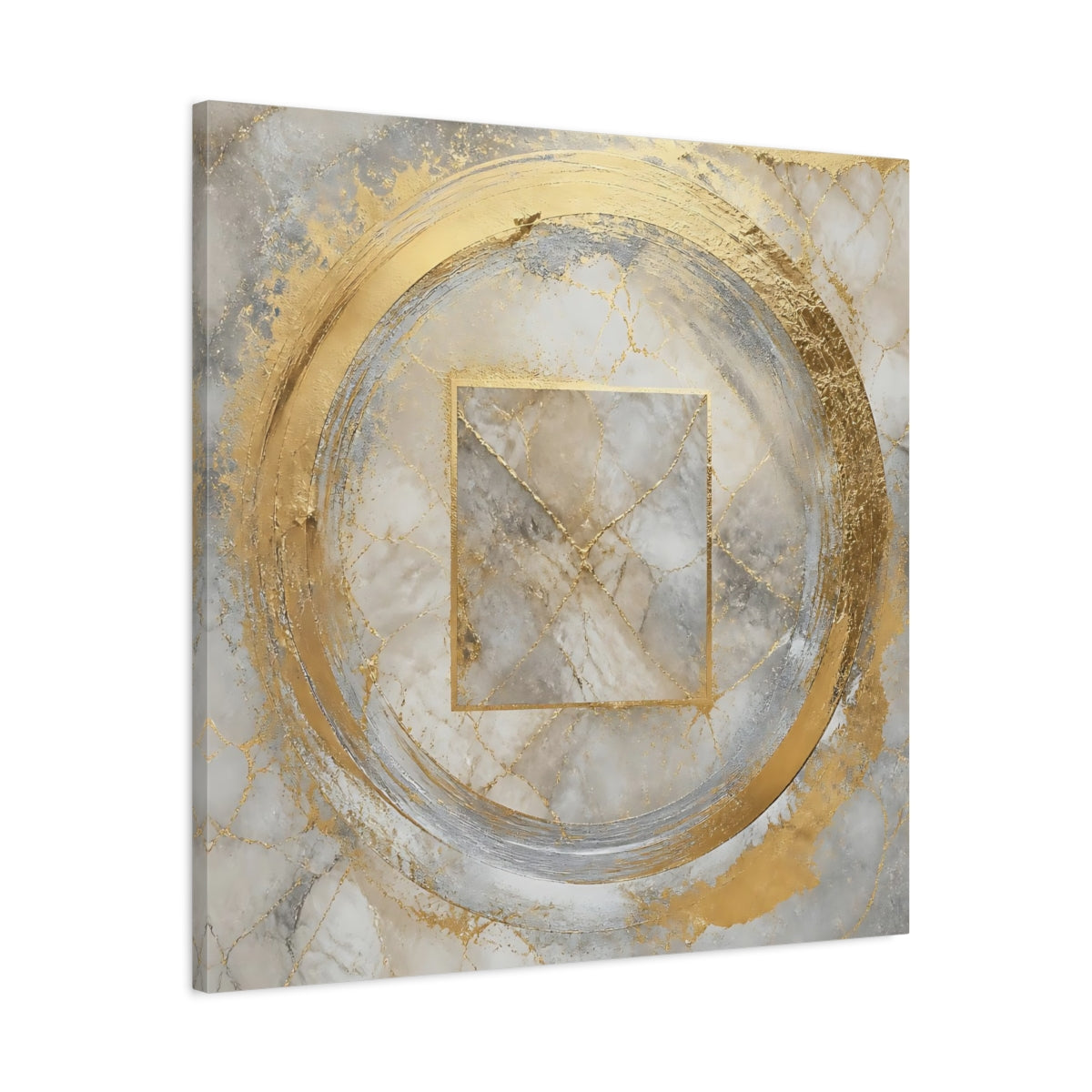 Side Mockup 3. Golden Marble Circle shown as canvas print