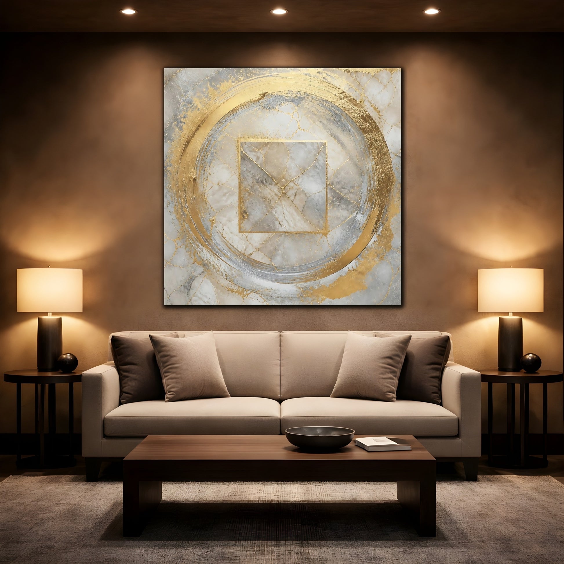 Mockup 2. Golden Marble Circle shown as canvas print