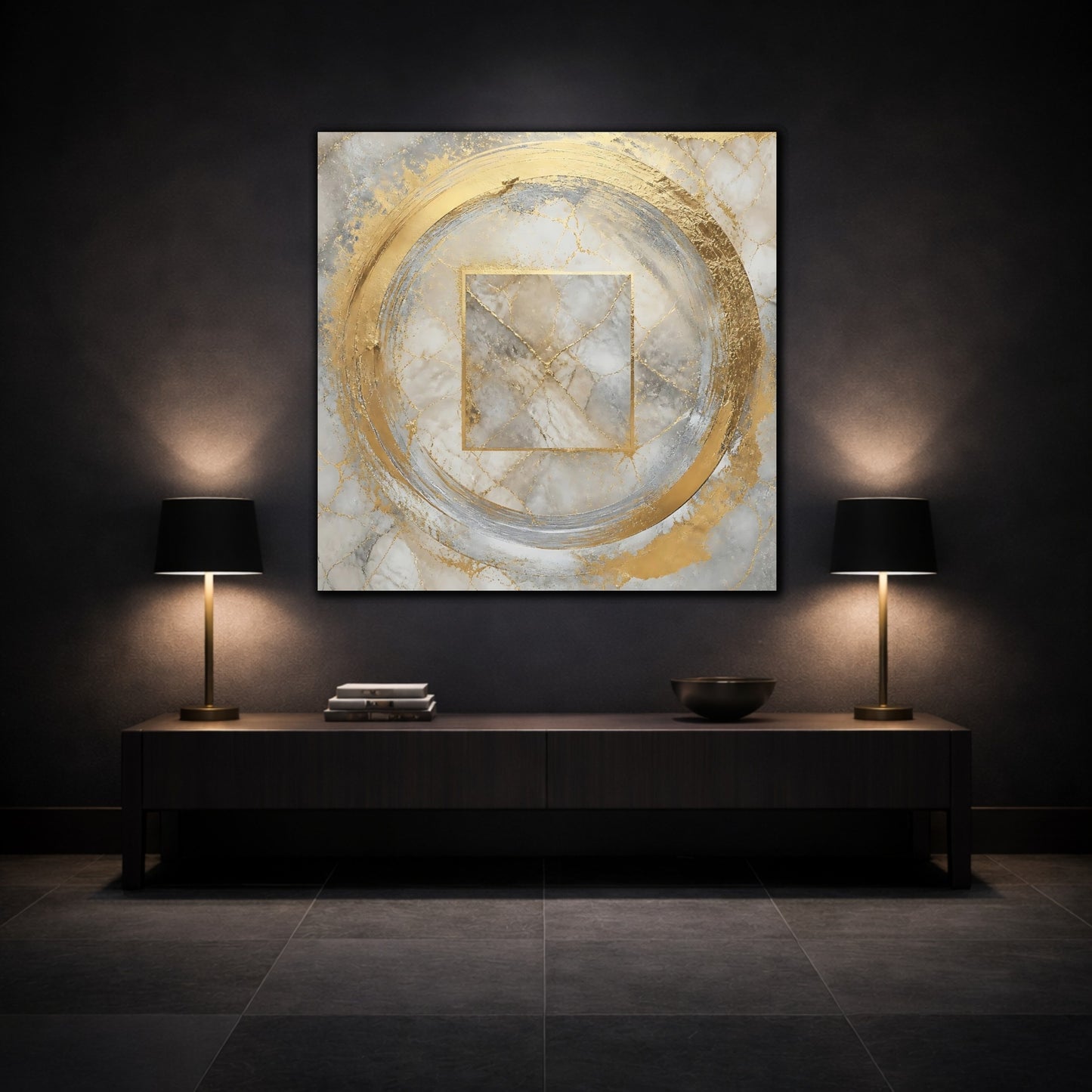 Mockup 3. Golden Marble Circle shown as canvas print