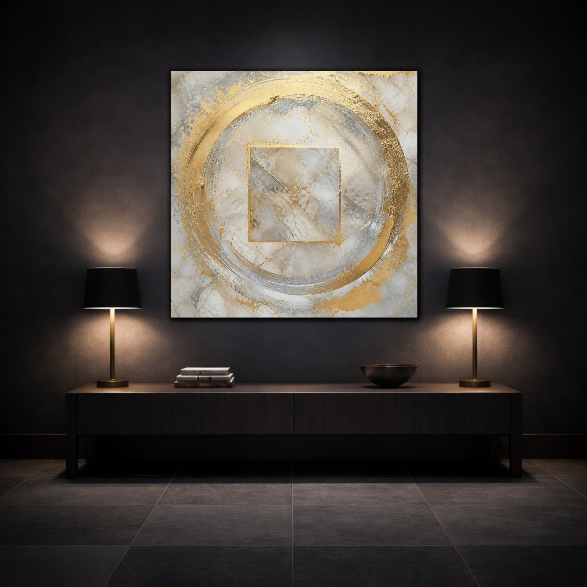 Mockup 3. Golden Marble Circle shown as canvas print