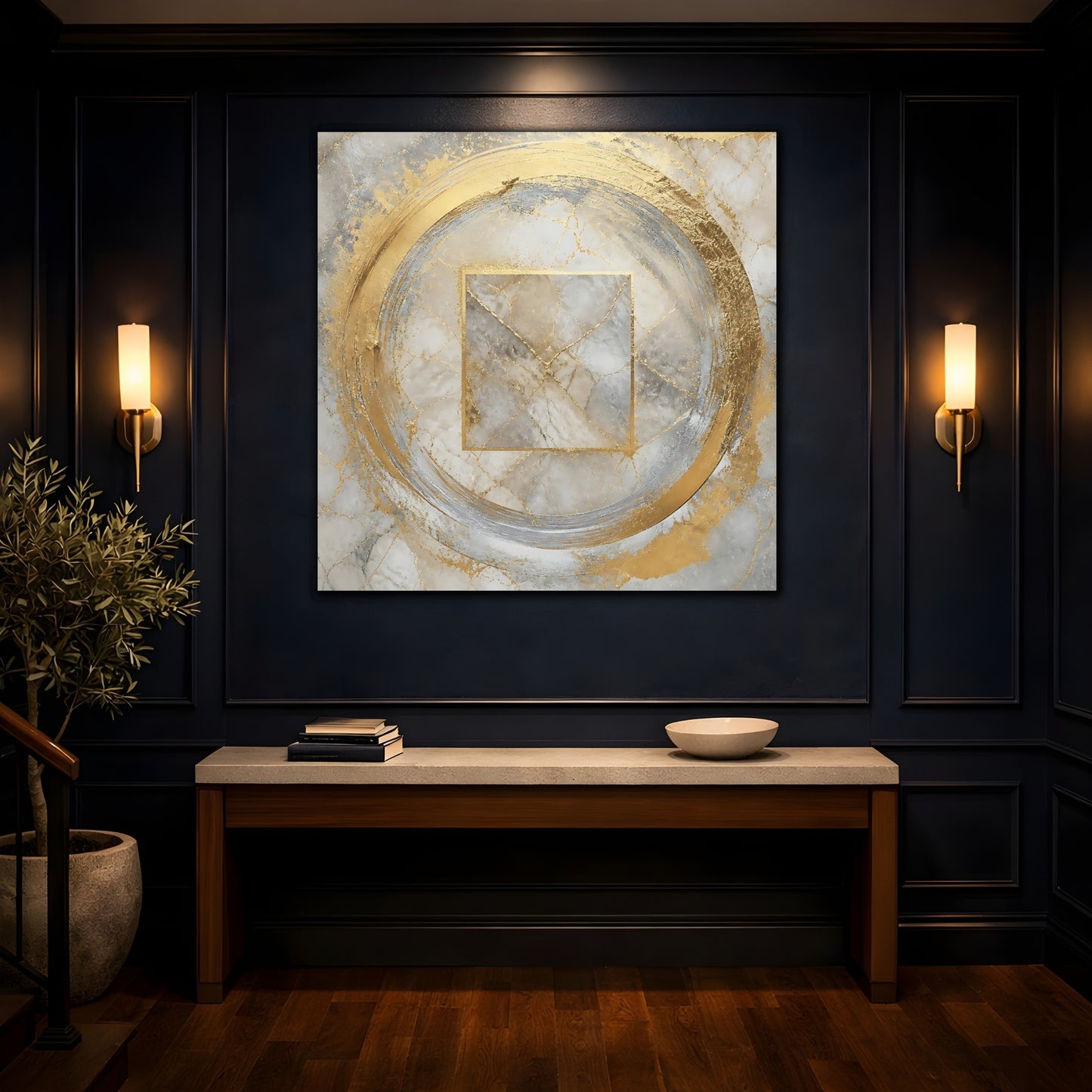 Mockup 4. Golden Marble Circle shown as canvas print