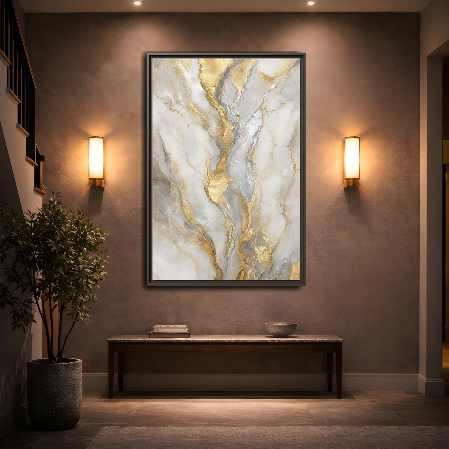 Mockup 2. Golden Marble Elegance shown as framed canvas print